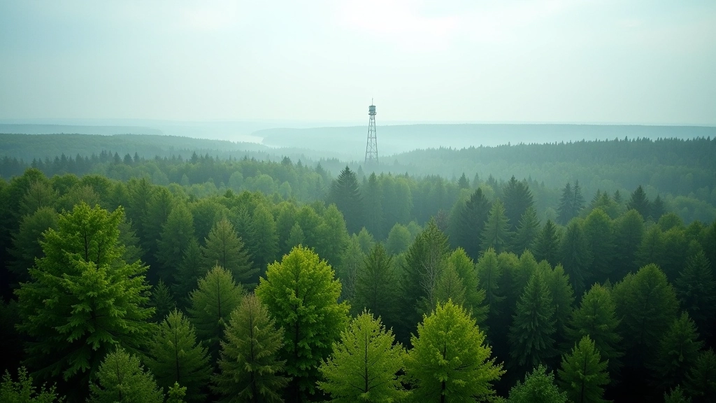 Meža ainava ar redzamu ugunssargu torni horizonta rindā pūķainā pavasara dienā