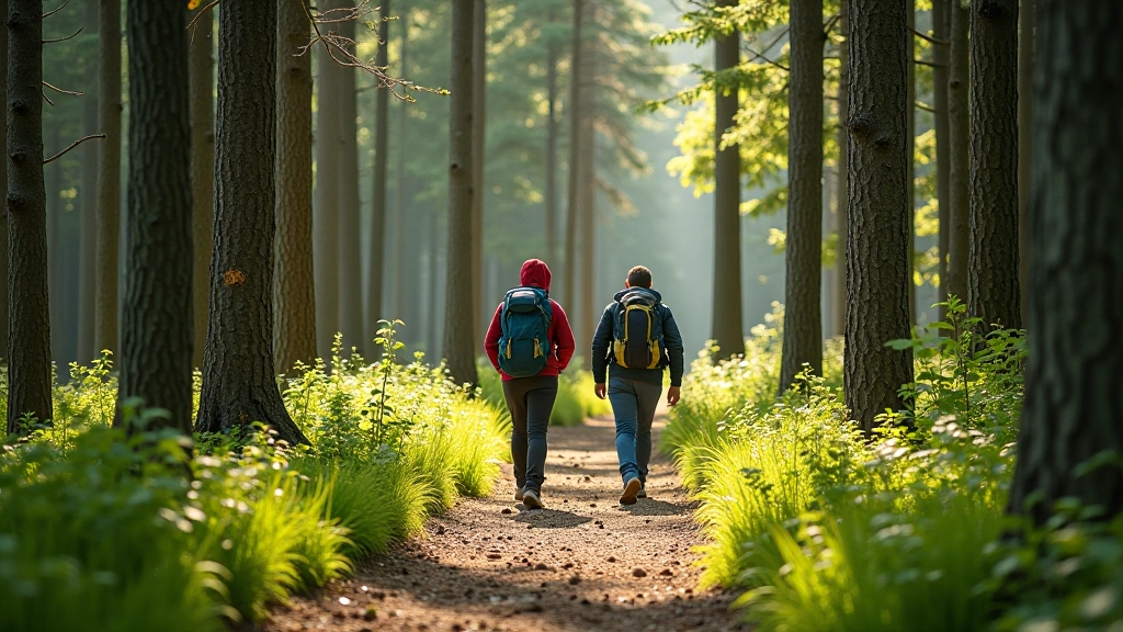 Hikers navigating forest path with trail markers visible