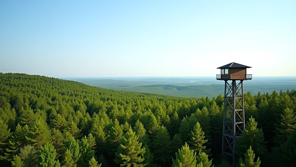 Skats no ugunssargu torņa uz meža virsotņu un debess horizonta